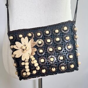 Robin Ruth Boho Coconut Shell Beaded Crossbody Bag Y2K Indie Festival Retro